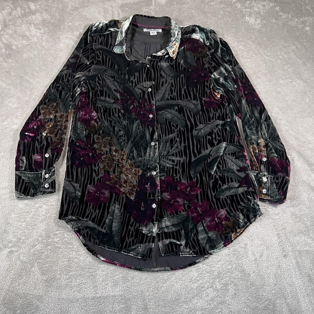 Tommy Bahama Shirt Womens Medium Black Velvet Silk Floral Button Up Party